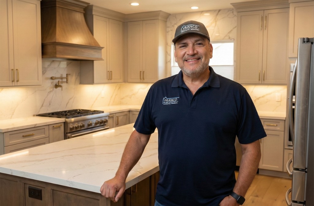 Carlos Franco, founder of Franco and Sons Construction LLC, standing in a completed luxury kitchen remodel